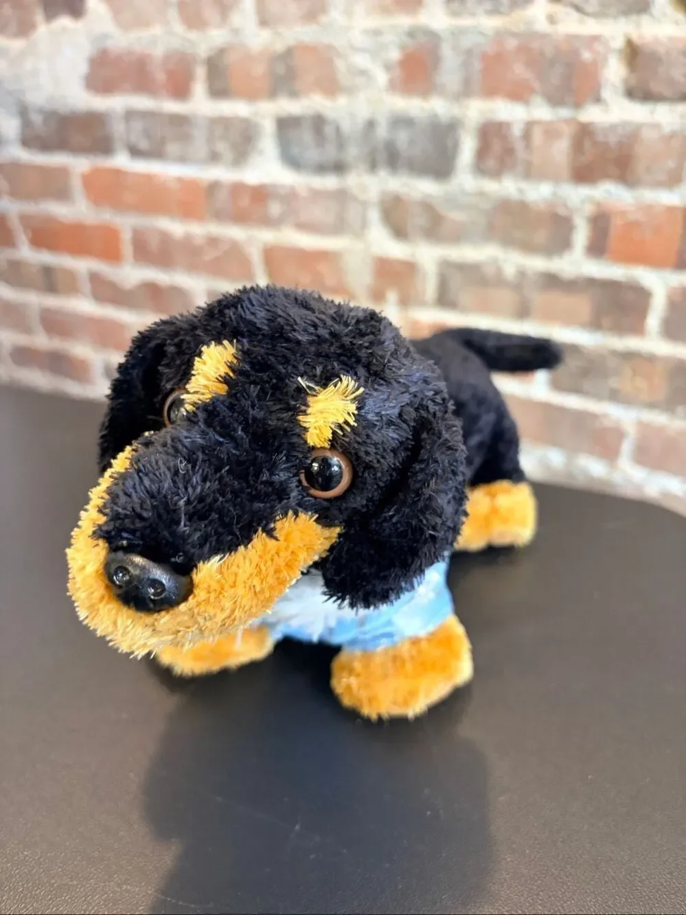 Dachshund Dog Black/Brown Blue Fur-Lined Hood 12” Plushie Aurora
